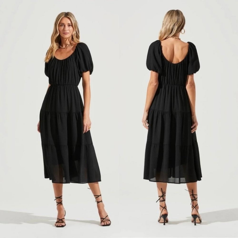 ASTR THE LABEL BLACK TIERED PUFF SLEEVE MIDI DRESS NWOT SIZE L